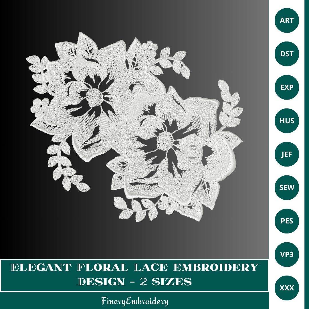Elegant Floral Lace Embroidery Design – 2 Sizes - FineryEmbroidery