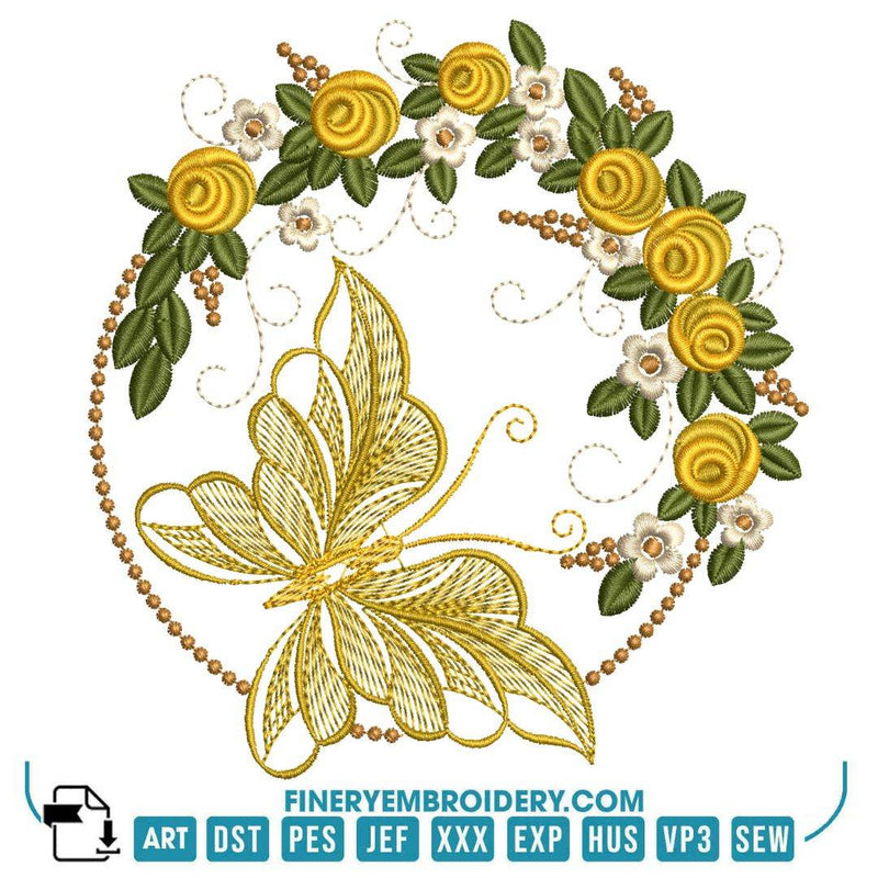 Elegant Floral and Butterfly Embroidery Design - FineryEmbroidery
