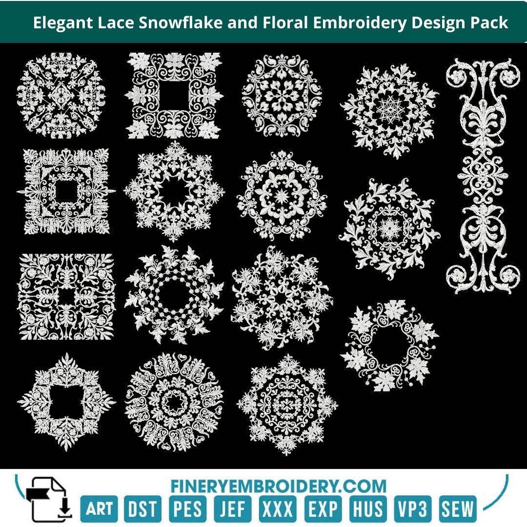 Elegant Lace Snowflake and Floral Embroidery Design Pack - FineryEmbroidery