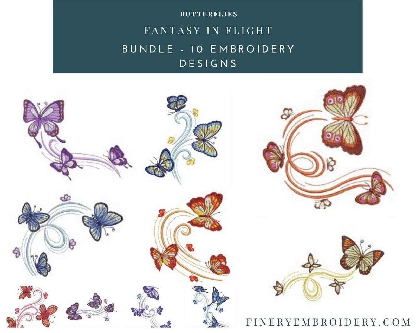 FANTASY IN FLIGHT BUTTERFLIES- Pack of 10 Designs - Embroidery Designs - FineryEmbroidery