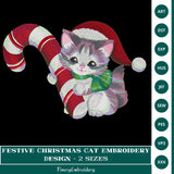 Festive Christmas Cat Embroidery Design with Candy Cane