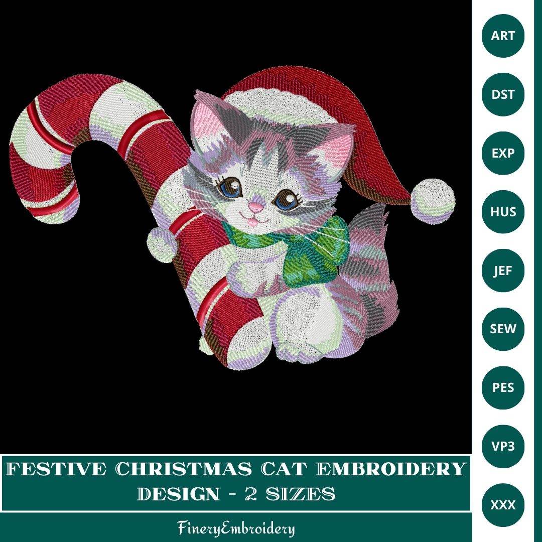 Festive Christmas Cat Embroidery Design with Candy Cane - FineryEmbroidery