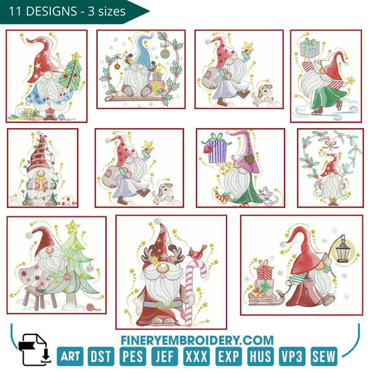 Festive Christmas Gnome Embroidery Pack – 11 Whimsical Designs - 3 sizes - FineryEmbroidery