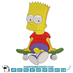Cool Bart Simpson Embroidery Design with Skateboard