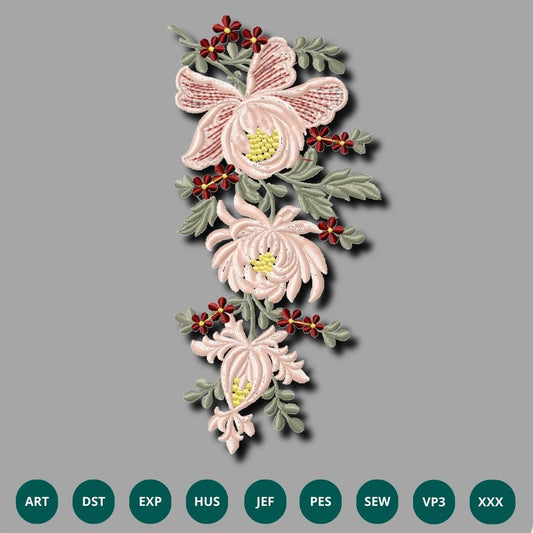 Elegant Floral Embroidery Design – Delicate Pink & Red Blooms