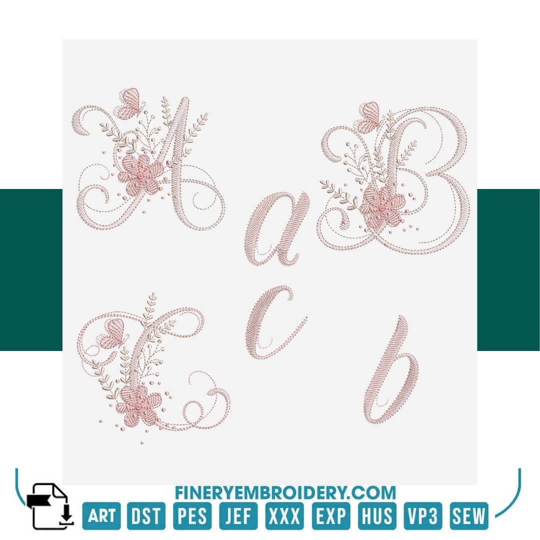 Floral Script Alphabet Embroidery Design Pack - FineryEmbroidery