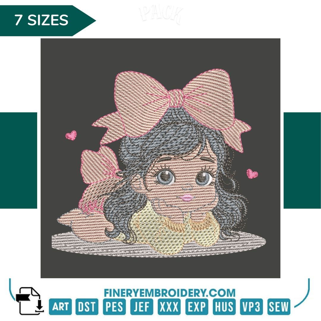 Girl with Bow Embroidery Design | FineryEmbroidery - FineryEmbroidery