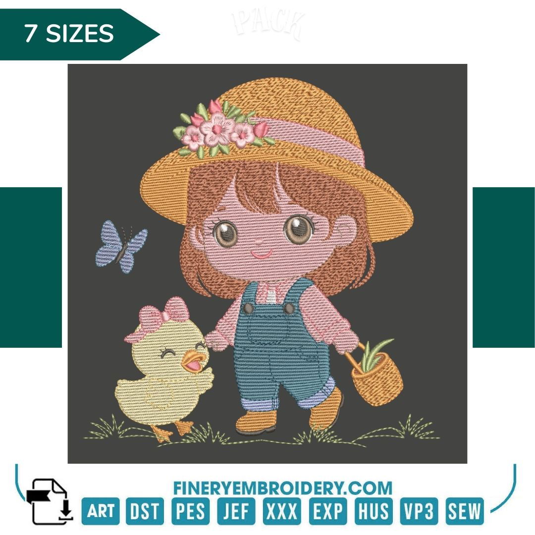 Girl with Duck Embroidery Design | FineryEmbroidery - FineryEmbroidery