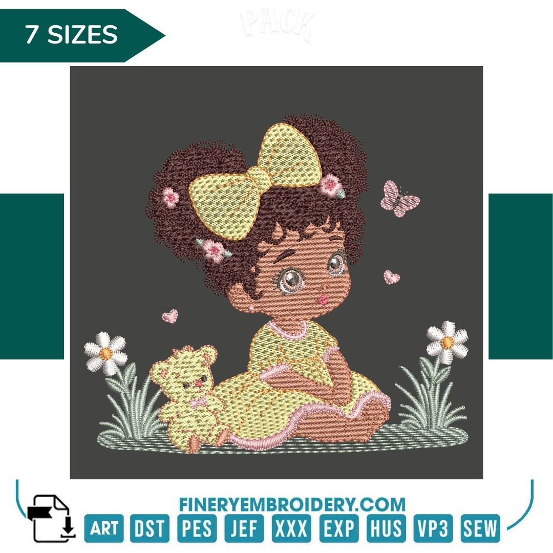 Girl with Teddy Bear Embroidery Design | FineryEmbroidery - FineryEmbroidery