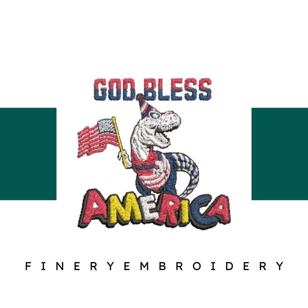 God-Bless-America-Trex-Dino - Embroidery Design - FineryEmbroidery