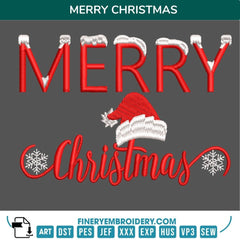 Festive Merry Christmas Embroidery Design with Santa Hat & Snowflakes