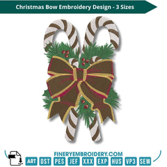 Christmas Bow Embroidery Design - Festive Candy Cane in Multiple Sizes