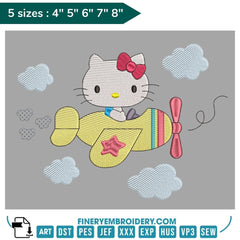 Kitty in an Airplane Embroidery Design – 5 Sizes