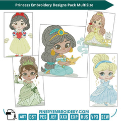 Princess Embroidery Designs Pack: Bella, Snow White, Cinderella, Jasmine & Tiana