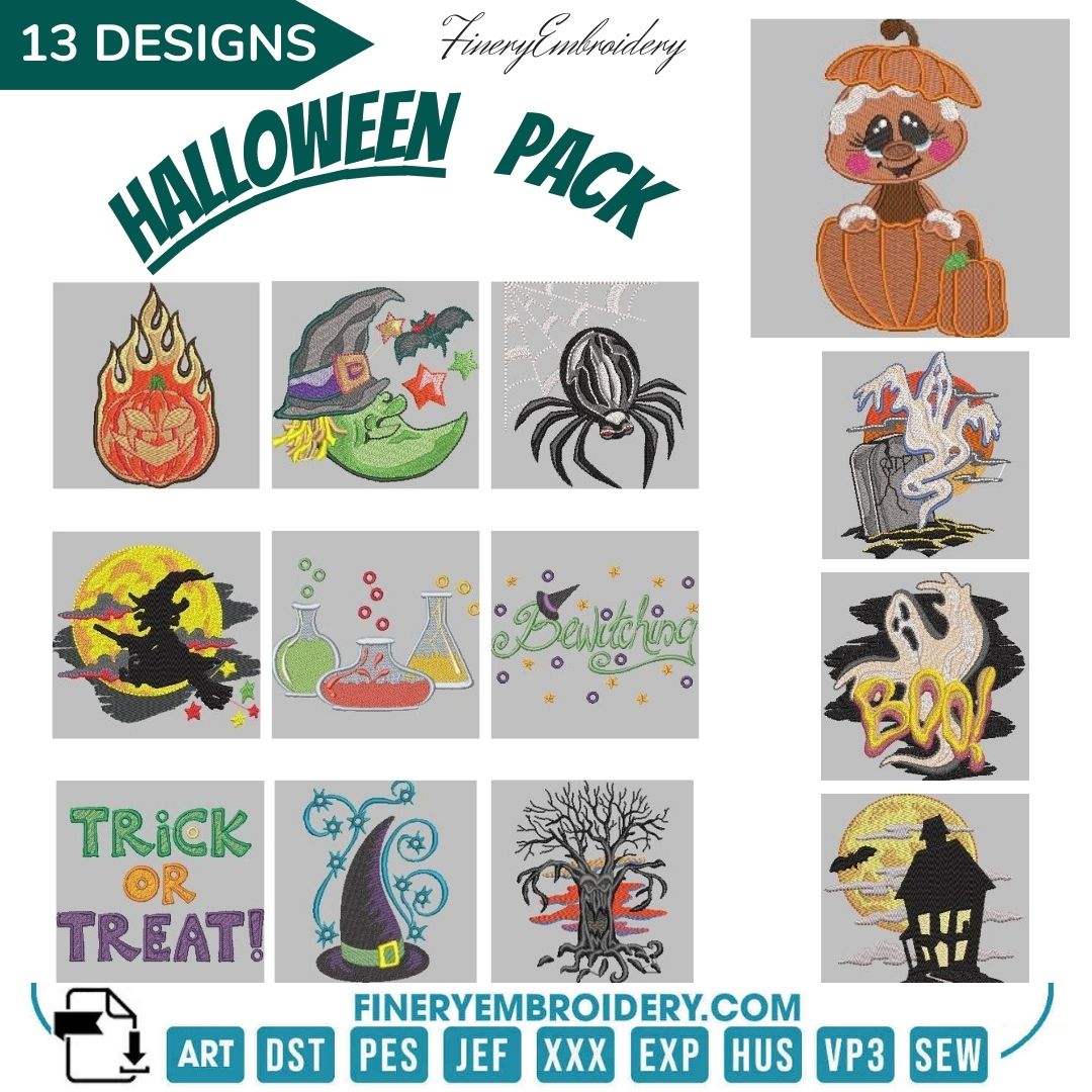 Halloween embroidery designs - Witch and spider - FineryEmbroidery