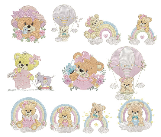 Cute Teddy Bear Embroidery Pack – 12 Designs in 3 Sizes