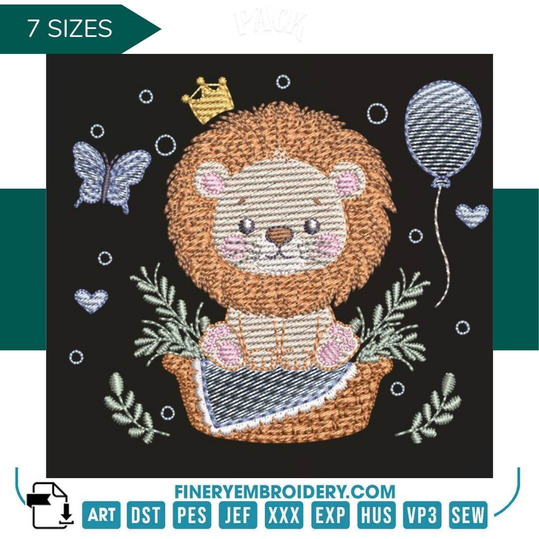Lion in basket embroidery design  – 7 Sizes - FineryEmbroidery