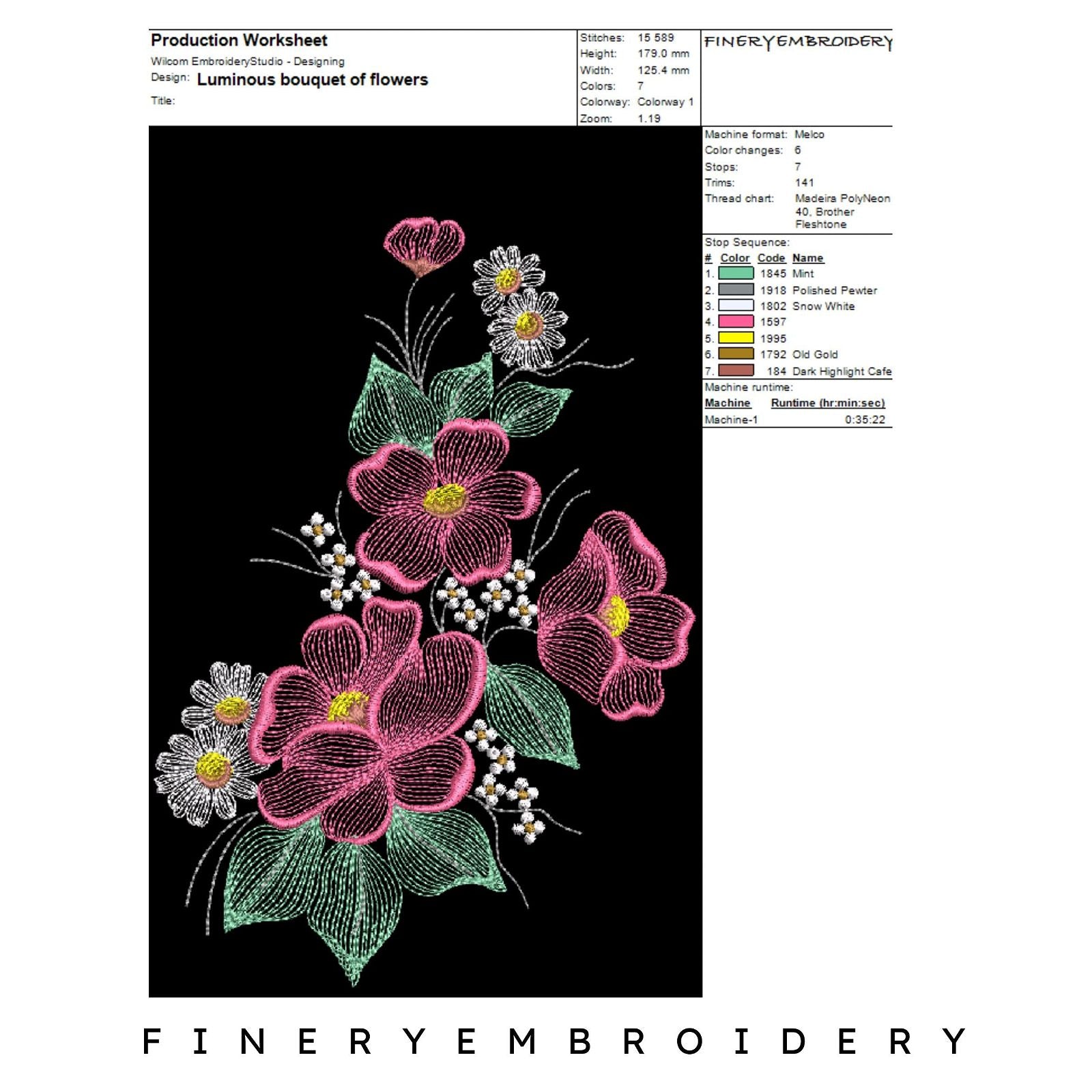 Luminous bouquet of flowers - Embroidery Designs - FineryEmbroidery