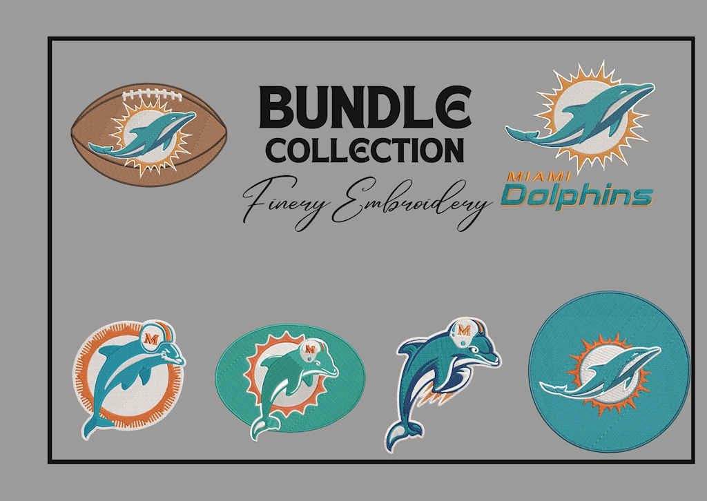 Miami Dolphins - Pack of 6 Designs - 2 sizes - Embroidery Design - FineryEmbroidery