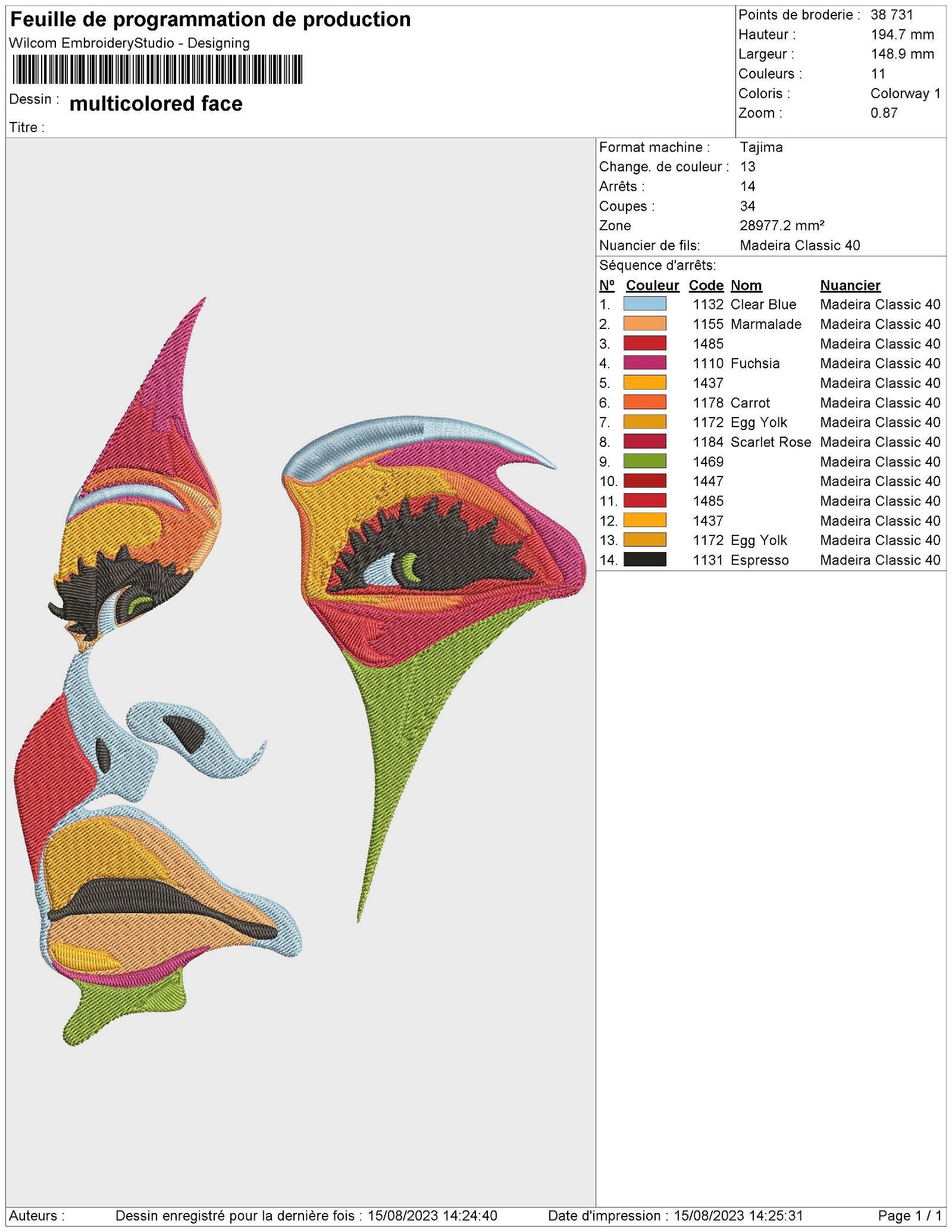 Multicolored Face - Embroidery Design - FineryEmbroidery