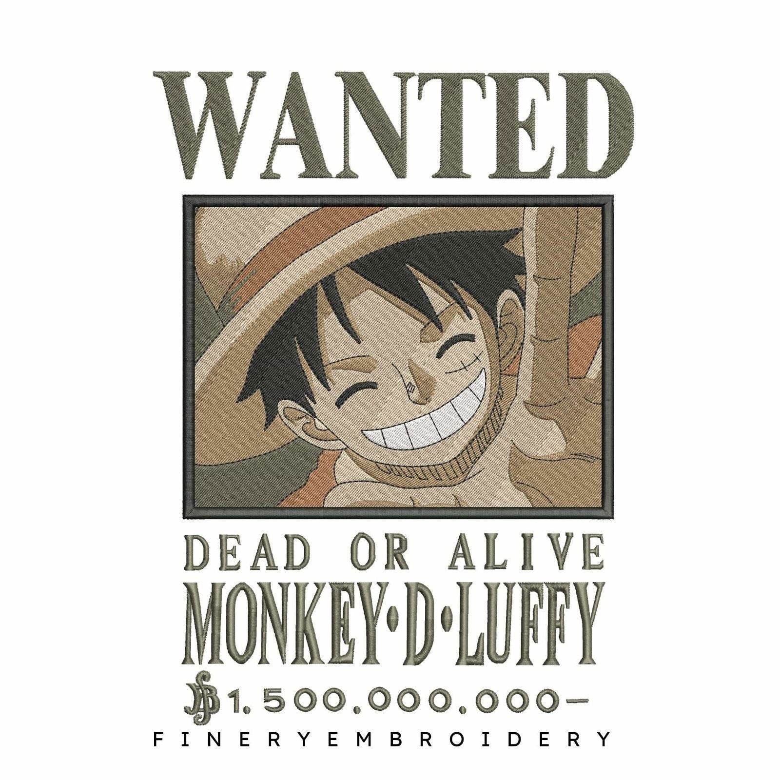 One Piece Luffy Wanted  - Anime - Embroidery Design - FineryEmbroidery