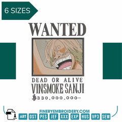 One Piece Sanji Wanted  - Anime - Embroidery Design - FineryEmbroidery