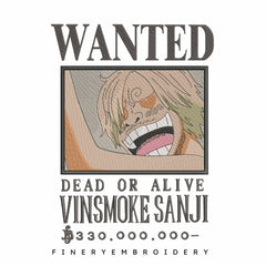 One Piece Sanji Wanted  - Anime - Embroidery Design - FineryEmbroidery