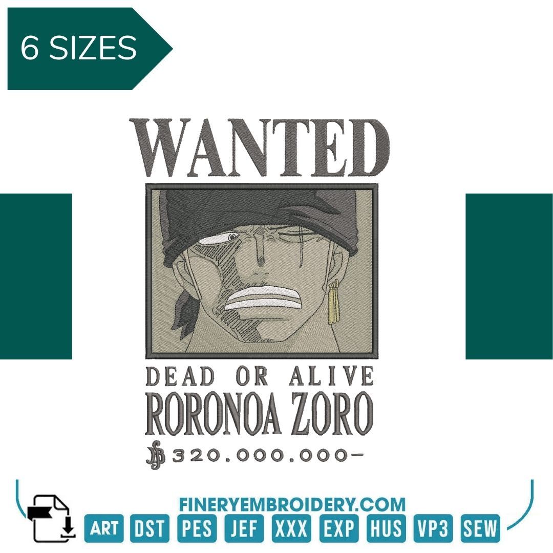 One Piece Zorro Wanted - Anime - Embroidery Design - FineryEmbroidery