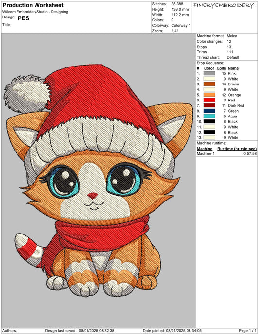 Christmas Kitty Embroidery Design – Festive Cat with Santa Hat