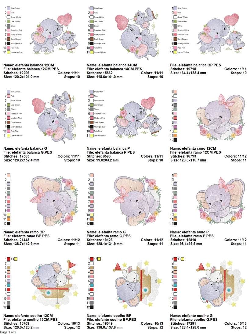 Elephant embroidery designs pack