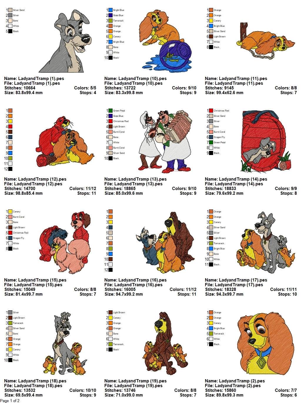 Lady and the Tramp - Pack of 19 Designs - Embroidery Design