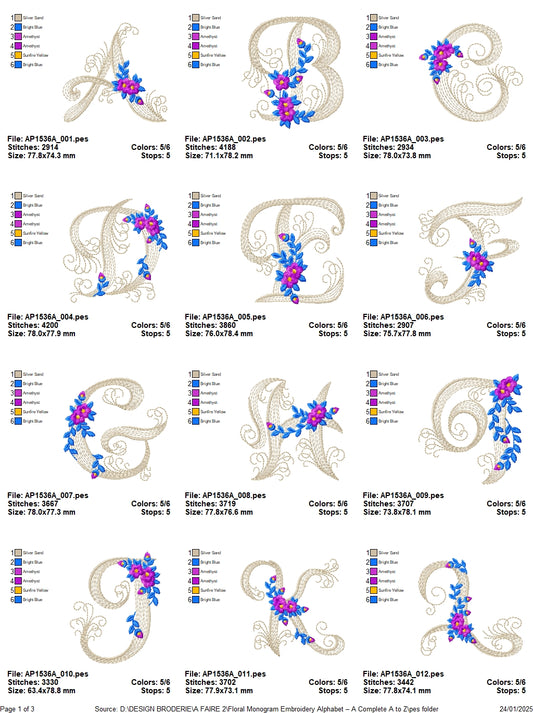 Floral Monogram Embroidery Alphabet – Complete A to Z Set