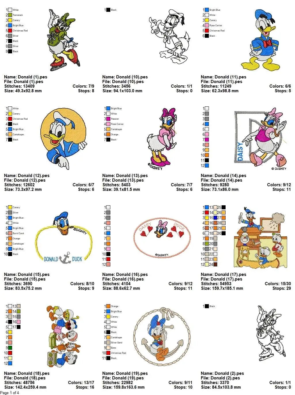 Disney Donald & Daisy Duck - Pack of 44 Designs - Embroidery Design
