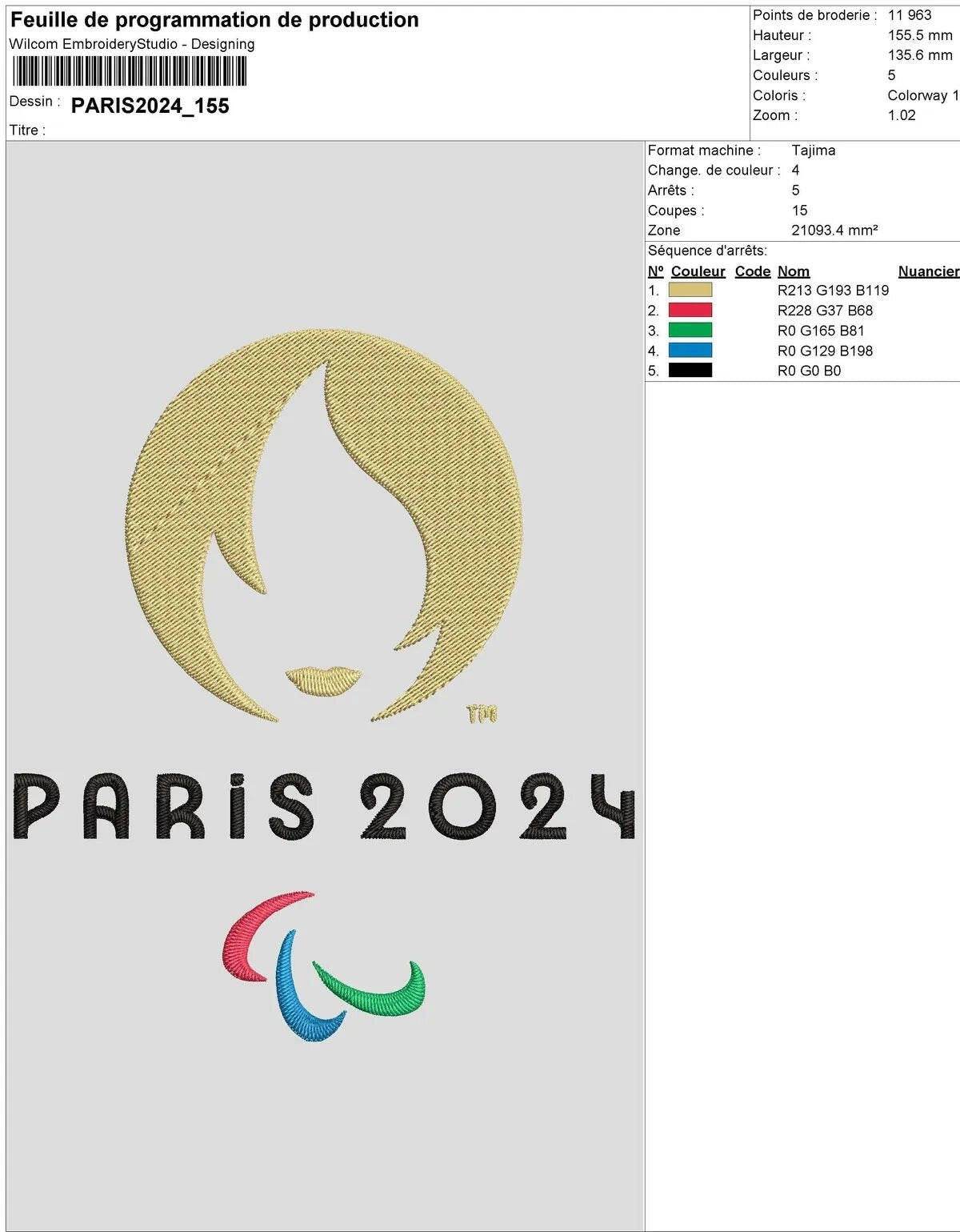 Paris 2024 Embroidery File - Emblematic motif of the upcoming Olympic Games - Embroidery Designs - FineryEmbroidery
