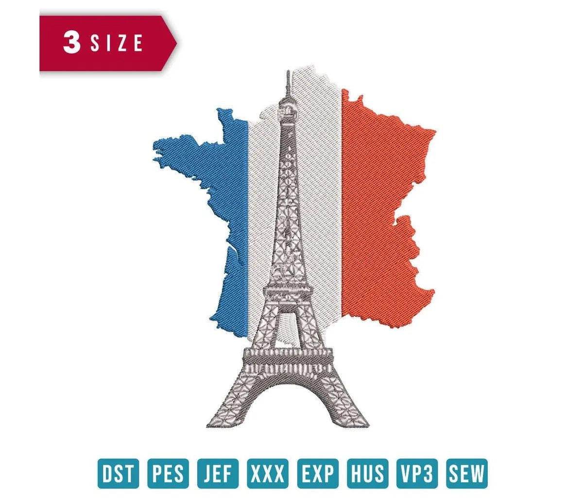 Paris Eiffel Tower Embroidery Design - Three Sizes, French Tricolor Map, and Iconic Landmark - Embroidery Designs - FineryEmbroidery