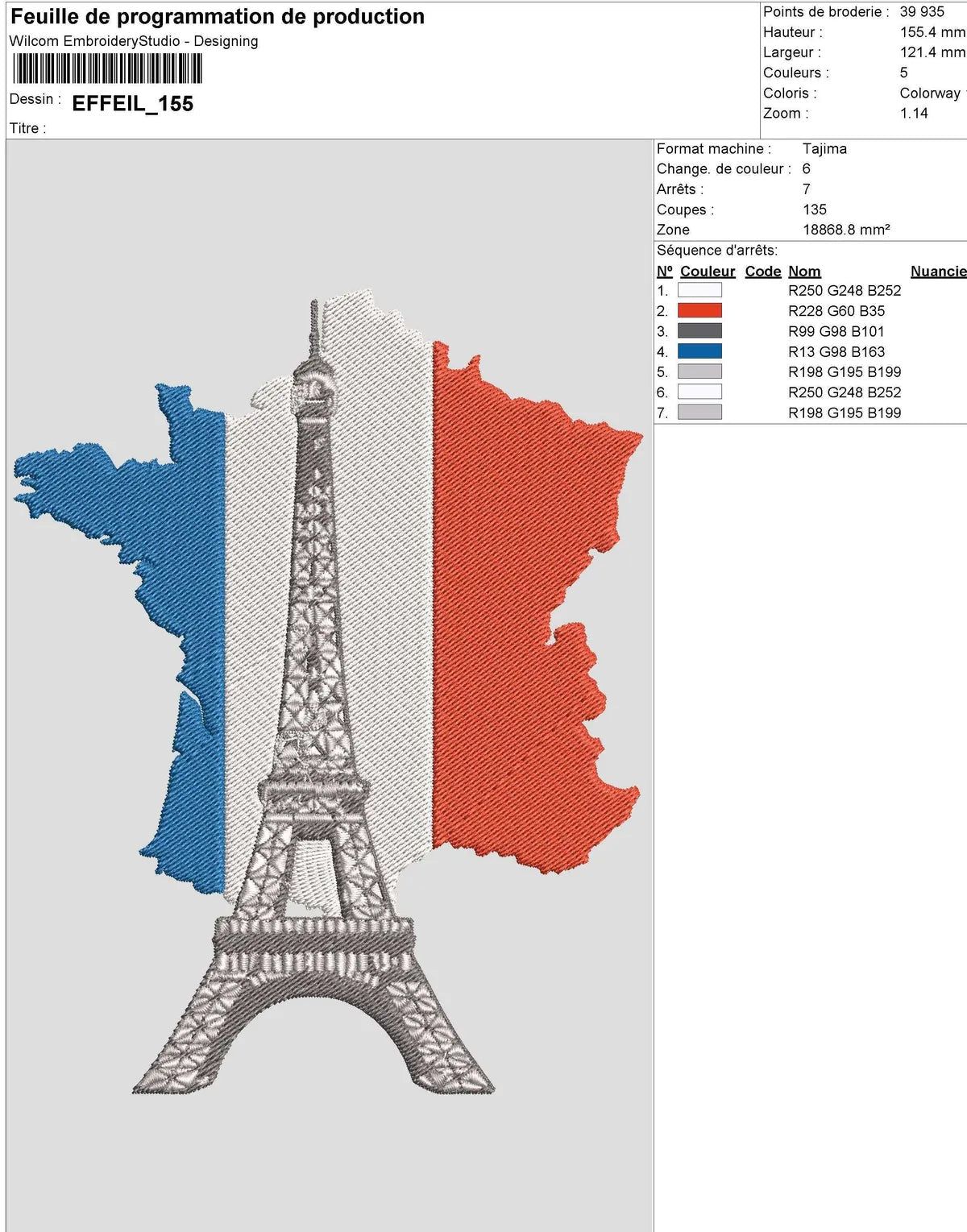 Paris Eiffel Tower Embroidery Design - Three Sizes, French Tricolor Map, and Iconic Landmark - Embroidery Designs - FineryEmbroidery