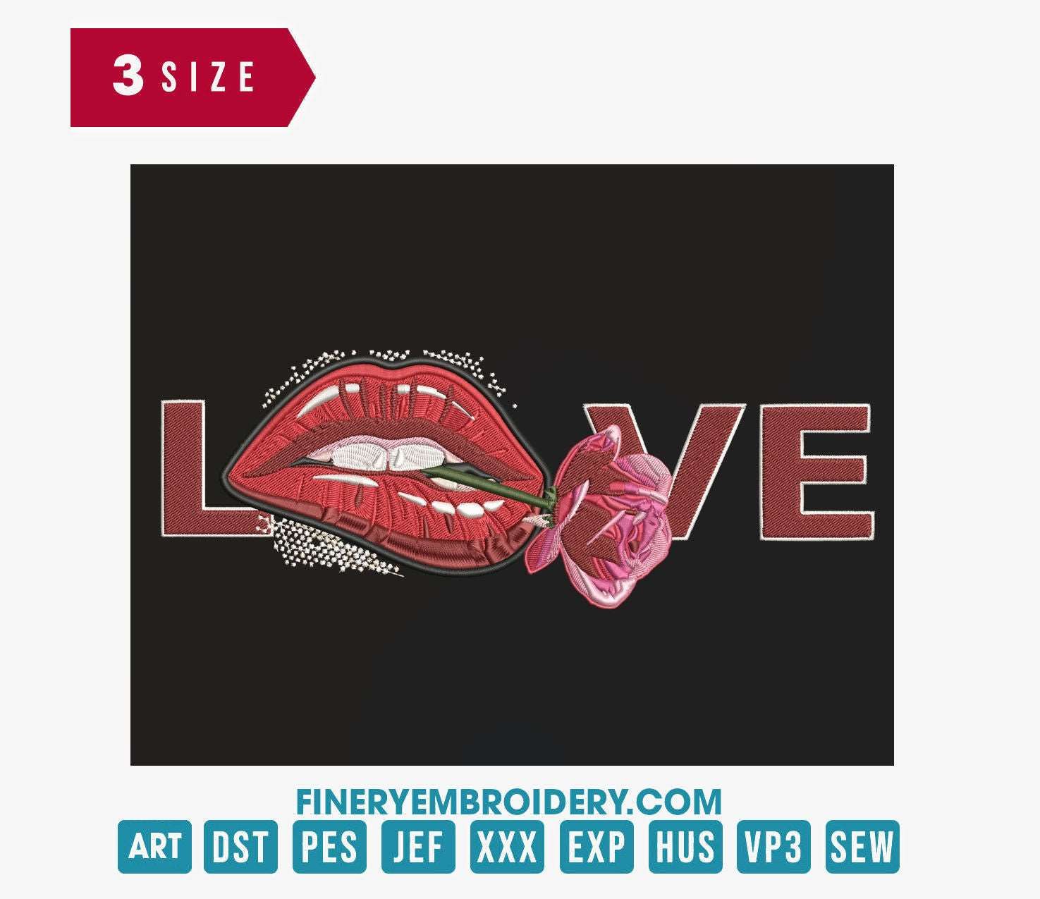 Passionate Love: Lips and Rose Embroidery Design - FineryEmbroidery