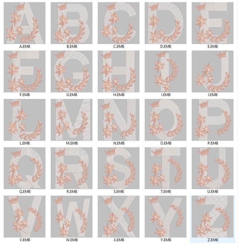 Regal Floral Alphabet Embroidery Pack – Royal Monogram Letters with Crown & Laurel Designs - FineryEmbroidery
