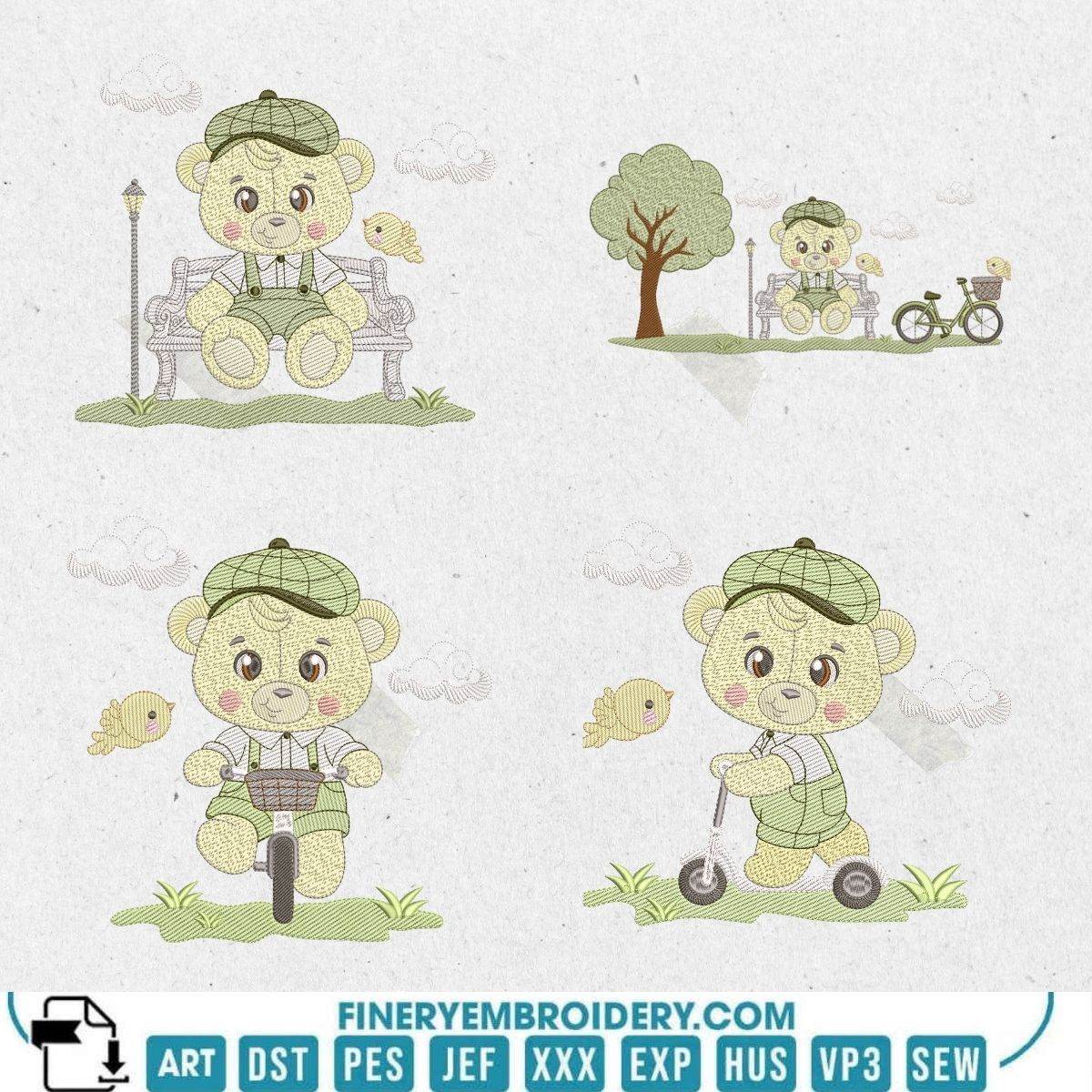 Teddy Bear in garden Embroidery Design Pack – 11 Designs in Multiple Sizes - FineryEmbroidery