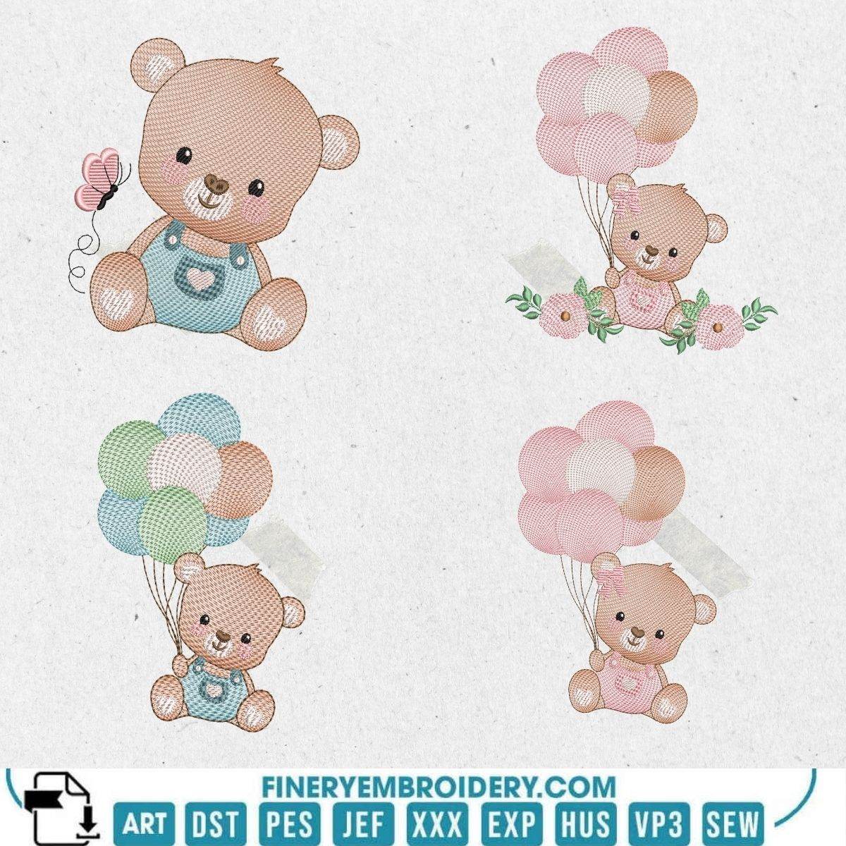 Teddy Bears and Balloons Embroidery Design Pack in Multiple Sizes - FineryEmbroidery