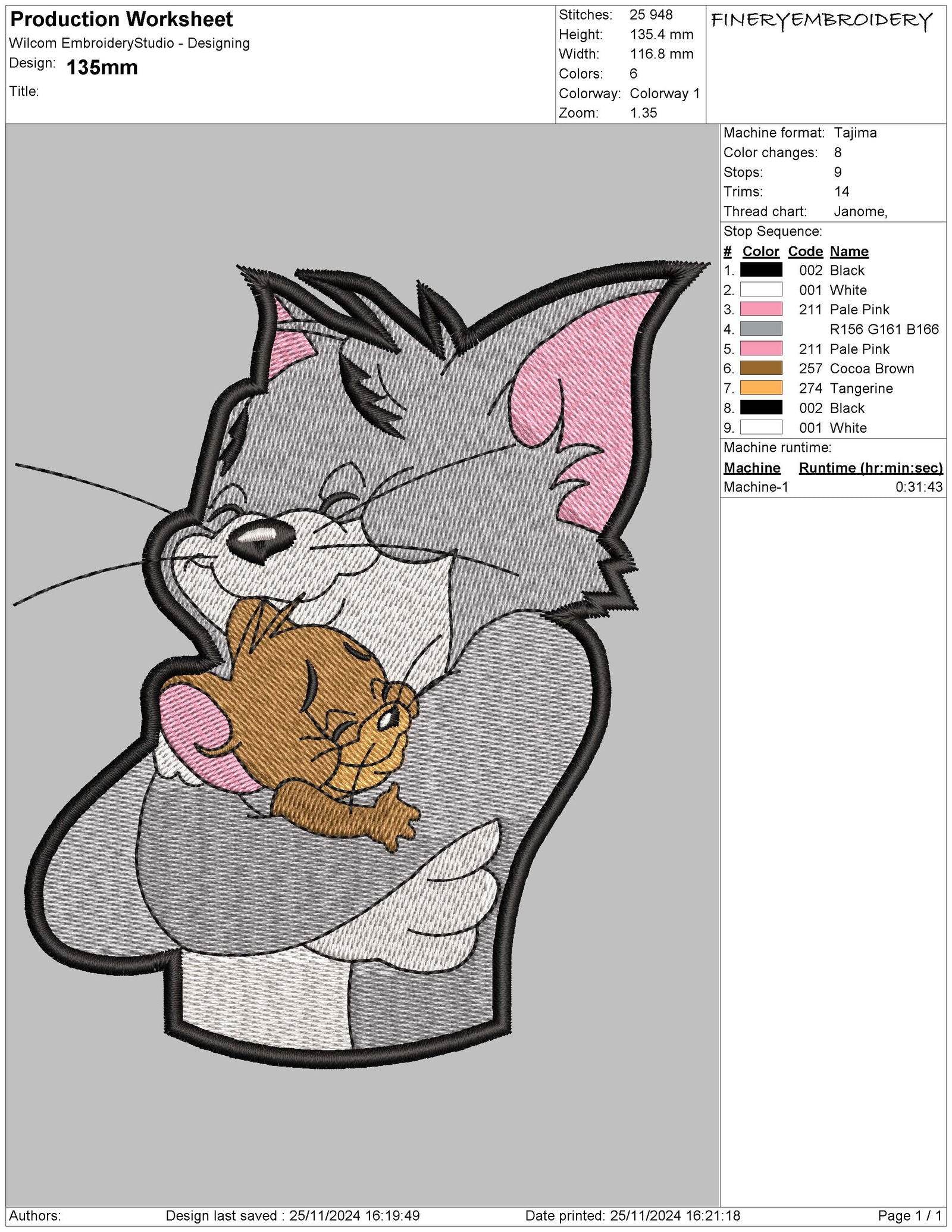 Tom & Jerry Hug Embroidery Design – Perfect for Fans! - FineryEmbroidery