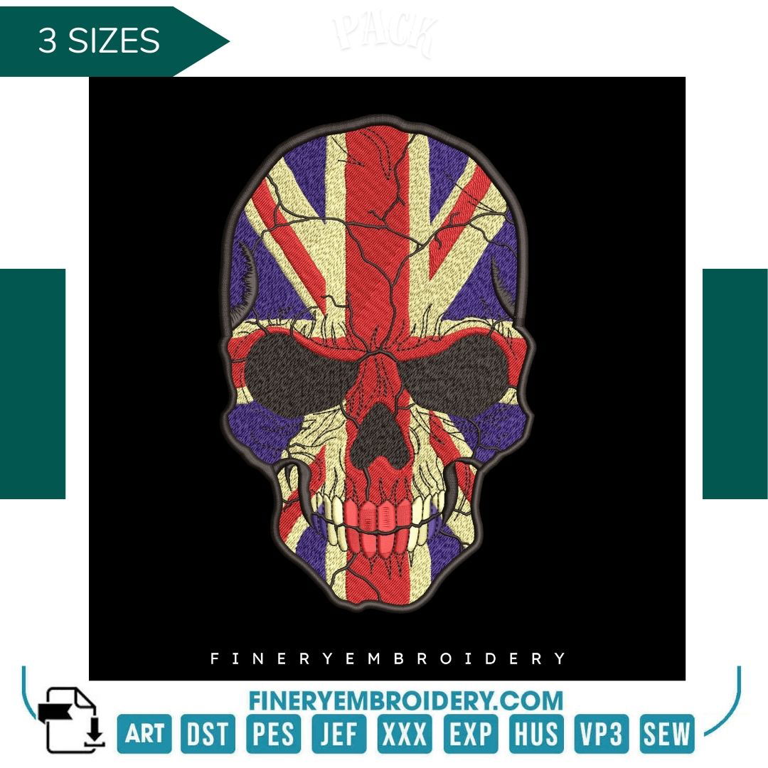 Union Jack Skull Embroidery Design - FineryEmbroidery