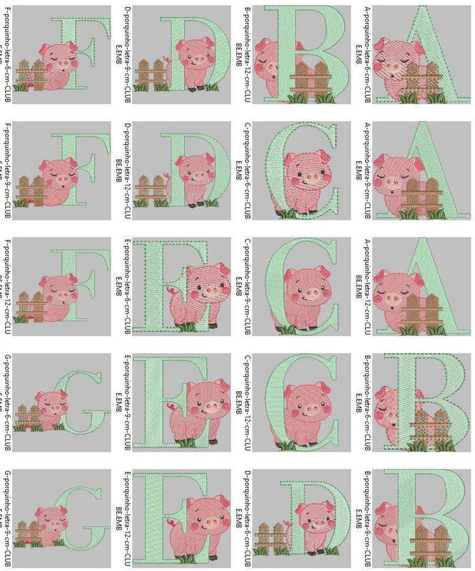 Whimsical Piglet Alphabet Embroidery Collection (A to Z) - FineryEmbroidery
