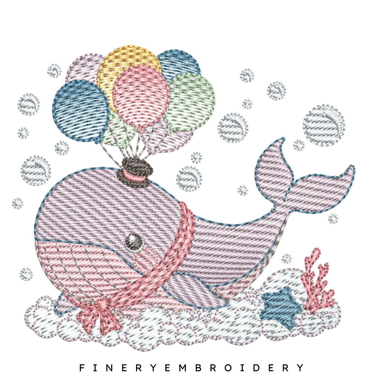 Whimsical Whale with Balloons Embroidery Design - 7 Sizes | FineryEmbroidery - FineryEmbroidery
