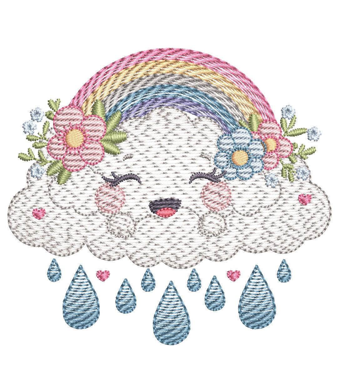Whimsical cloud adorned with colorful rainbows – 7 Sizes - FineryEmbroidery