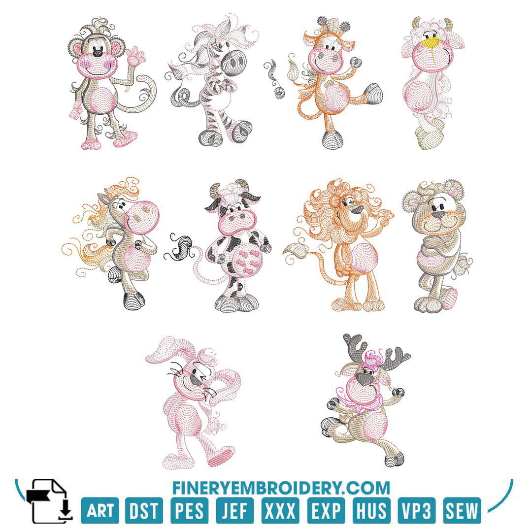 Whimsical rippled baby Animals Embroidery Design Pack - FineryEmbroidery