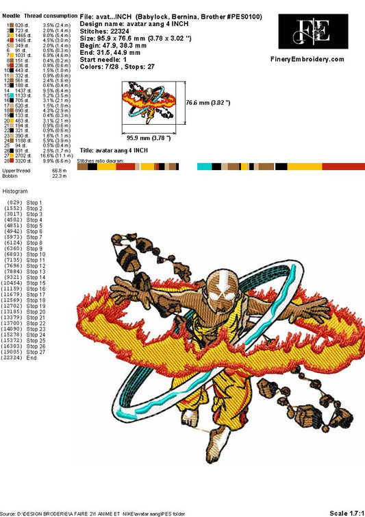 Avatar Aang Embroidery Design – Master of the Four Elements