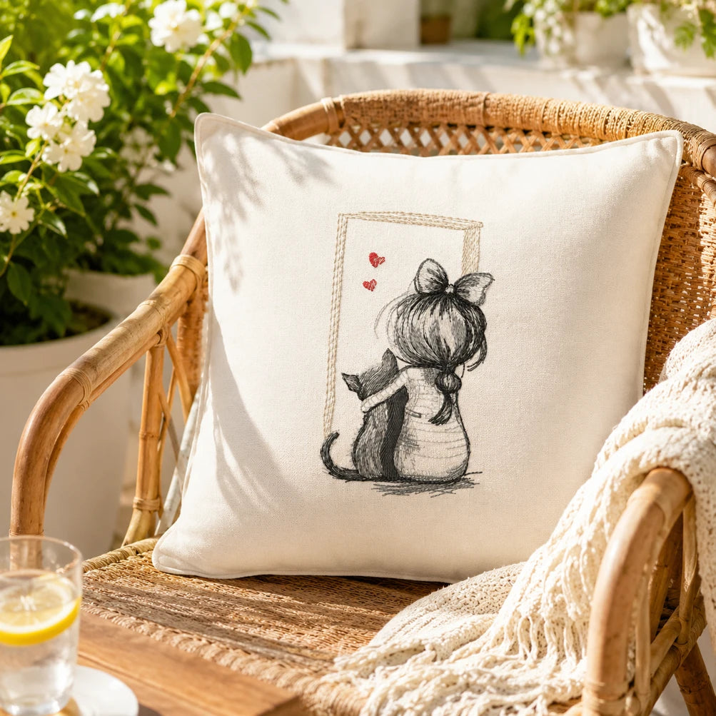 Girl and Cat Sketch Embroidery Design | Cute Girl with Cat | machine embroidery design pattern