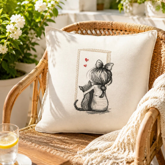 Girl and Cat Sketch Embroidery Design | Cute Girl with Cat | machine embroidery design pattern