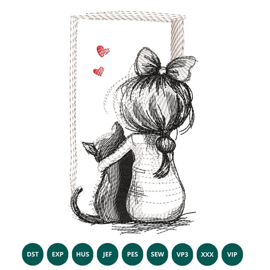 Girl and Cat Sketch Embroidery Design | Cute Girl with Cat | embroidery file preview 1